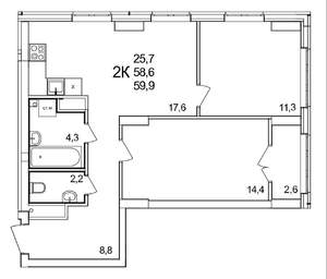 2-к квартира, на длительный срок, 60м2, 24/25 этаж