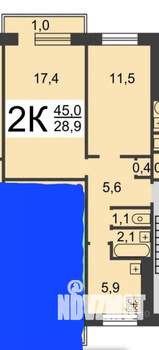 2-к квартира, на длительный срок, 45м2, 4/5 этаж