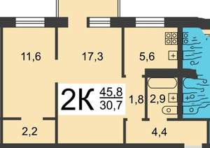 2-к квартира, на длительный срок, 46м2, 4/5 этаж