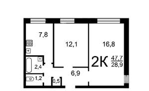 2-к квартира, на длительный срок, 46м2, 8/12 этаж