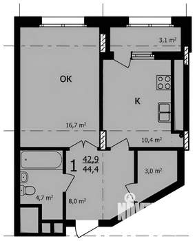 1-к квартира, на длительный срок, 45м2, 16/27 этаж