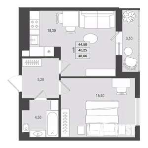 1-к квартира, вторичка, 46м2, 7/10 этаж