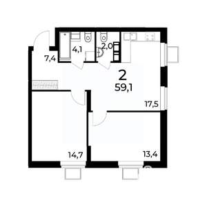 2-к квартира, вторичка, 59м2, 7/15 этаж