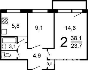 2-к квартира, вторичка, 38м2, 9/9 этаж