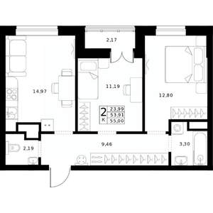 2-к квартира, строящийся дом, 55м2, 14/24 этаж