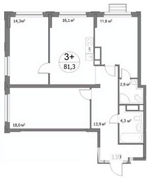 3-к квартира, строящийся дом, 81м2, 17/22 этаж