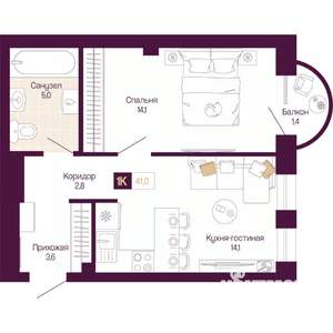 1-к квартира, вторичка, 40м2, 3/12 этаж