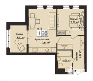 1-к квартира, вторичка, 46м2, 6/15 этаж