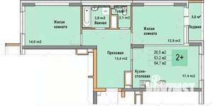 2-к квартира, вторичка, 65м2, 25/25 этаж