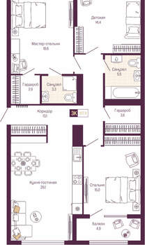 3-к квартира, вторичка, 105м2, 7/19 этаж