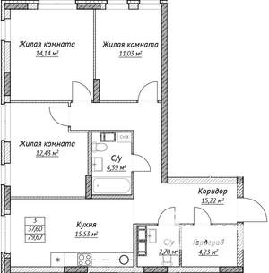 3-к квартира, строящийся дом, 80м2, 6/14 этаж