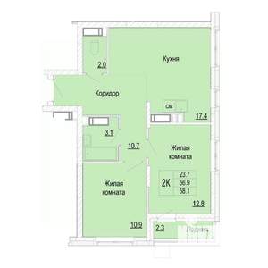 2-к квартира, вторичка, 58м2, 22/25 этаж