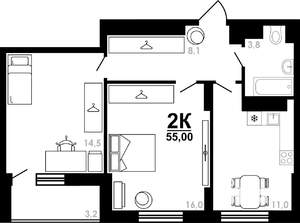 2-к квартира, вторичка, 55м2, 20/25 этаж