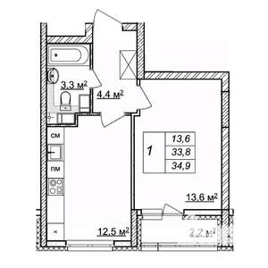 1-к квартира, строящийся дом, 35м2, 8/25 этаж