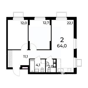 2-к квартира, вторичка, 64м2, 7/15 этаж