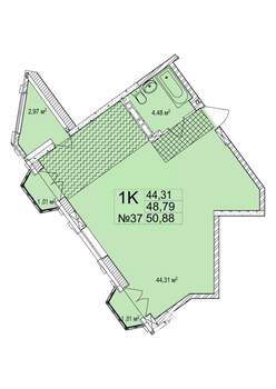 1-к квартира, вторичка, 51м2, 5/7 этаж
