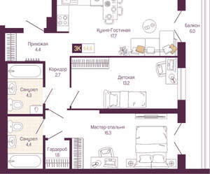 2-к квартира, вторичка, 65м2, 3/19 этаж