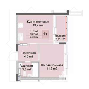 1-к квартира, строящийся дом, 35м2, 10/10 этаж