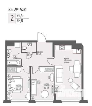 2-к квартира, вторичка, 63м2, 9/25 этаж