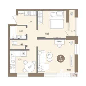 2-к квартира, вторичка, 52м2, 5/18 этаж