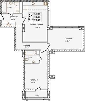 2-к квартира, строящийся дом, 77м2, 5/16 этаж