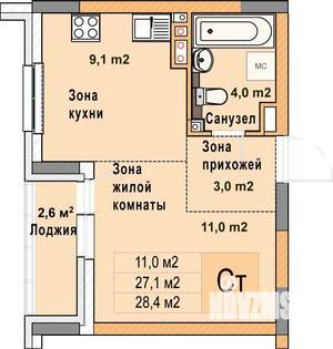 Студия квартира, вторичка, 28м2, 3/25 этаж