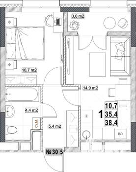1-к квартира, вторичка, 38м2, 22/24 этаж
