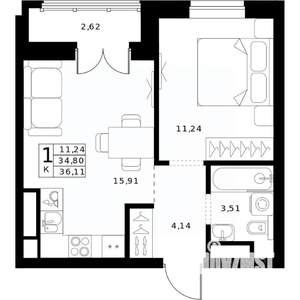1-к квартира, вторичка, 36м2, 21/24 этаж