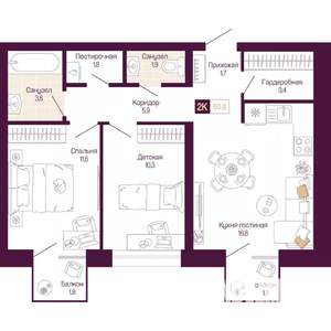 2-к квартира, вторичка, 58м2, 3/25 этаж