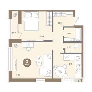 2-к квартира, вторичка, 53м2, 2/18 этаж