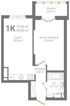 1-к квартира, вторичка, 45м2, 19/19 этаж