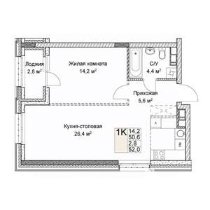 1-к квартира, вторичка, 52м2, 3/9 этаж