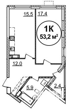 1-к квартира, строящийся дом, 53м2, 19/25 этаж