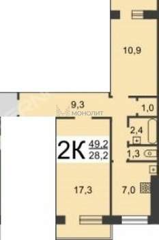 2-к квартира, вторичка, 49м2, 3/9 этаж
