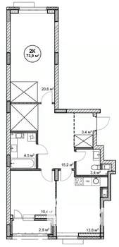 2-к квартира, вторичка, 74м2, 12/14 этаж
