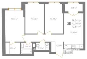 3-к квартира, вторичка, 74м2, 4/18 этаж