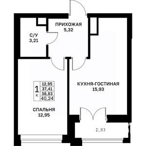 1-к квартира, строящийся дом, 39м2, 9/17 этаж