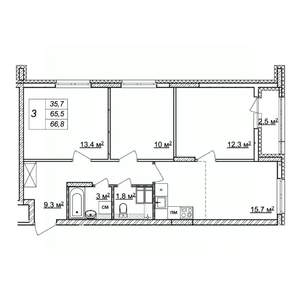 3-к квартира, строящийся дом, 67м2, 19/25 этаж