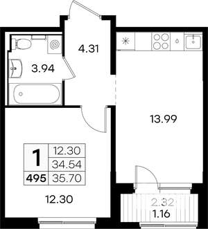1-к квартира, вторичка, 36м2, 1/9 этаж