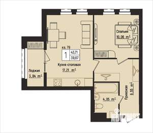 1-к квартира, вторичка, 44м2, 10/15 этаж