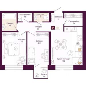 2-к квартира, вторичка, 58м2, 3/25 этаж