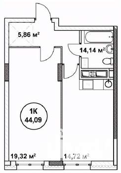 1-к квартира, строящийся дом, 44м2, 22/22 этаж