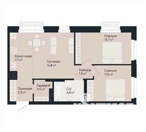 2-к квартира, строящийся дом, 61м2, 2/9 этаж