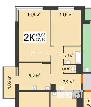 2-к квартира, вторичка, 49м2, 4/5 этаж