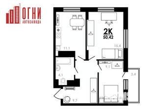 2-к квартира, вторичка, 50м2, 22/25 этаж