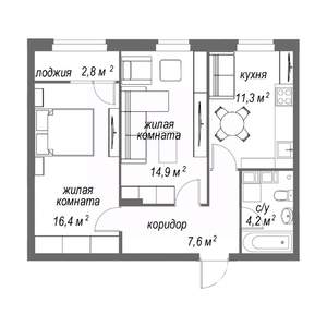 2-к квартира, строящийся дом, 57м2, 8/9 этаж