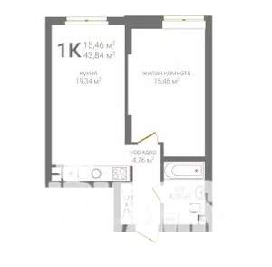 1-к квартира, строящийся дом, 44м2, 1/19 этаж