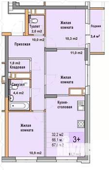 3-к квартира, вторичка, 68м2, 20/25 этаж
