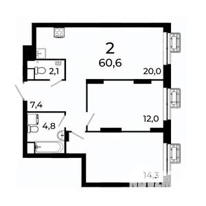 2-к квартира, вторичка, 60м2, 16/19 этаж