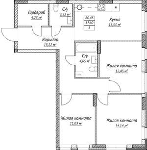 3-к квартира, строящийся дом, 80м2, 2/14 этаж